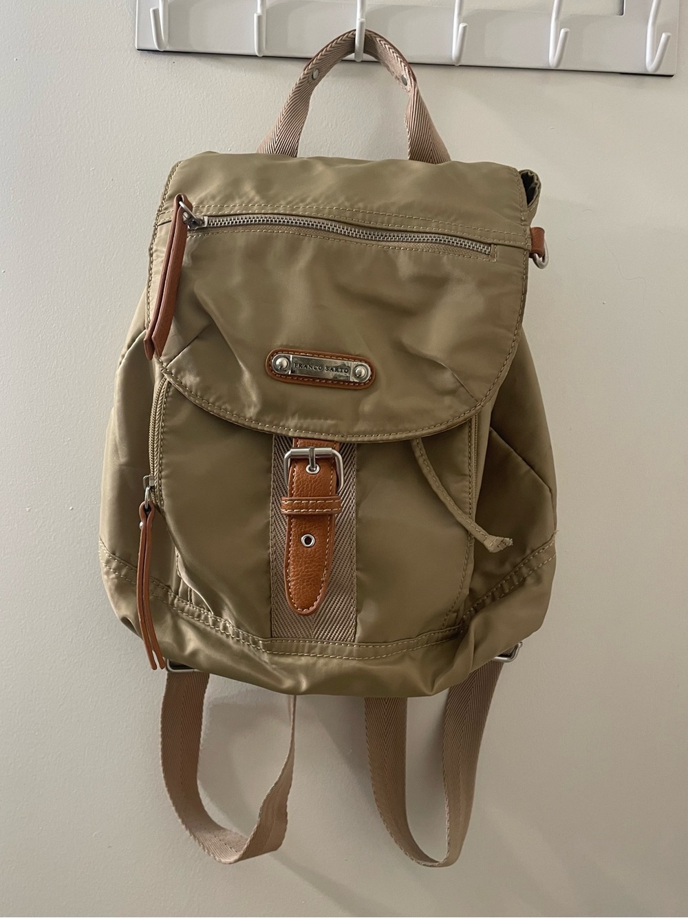 Franco Sarto Khaki Nylon Backpack with Brown Trim